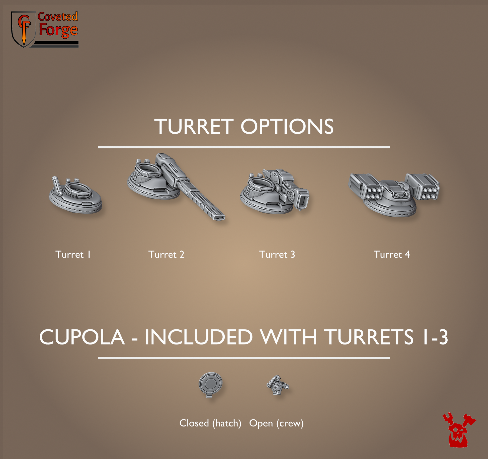 Black Sun hover tank turret options; missile turret has no cupola; cupola closed/open for Turrets 1-3