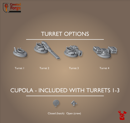 Black Sun hover tank turret options; missile turret has no cupola; cupola closed/open for Turrets 1-3