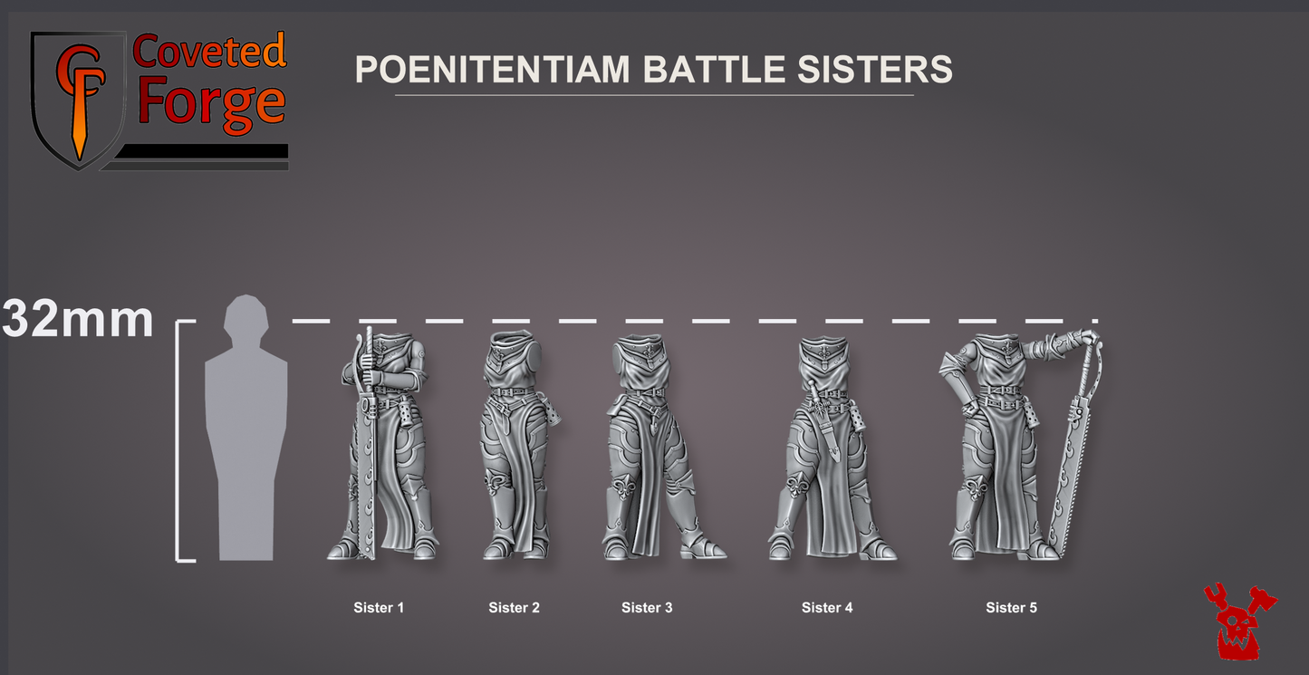 The five Battle Sister bodies beside a 32mm human for scale