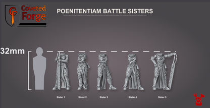 The five Battle Sister bodies beside a 32mm human for scale