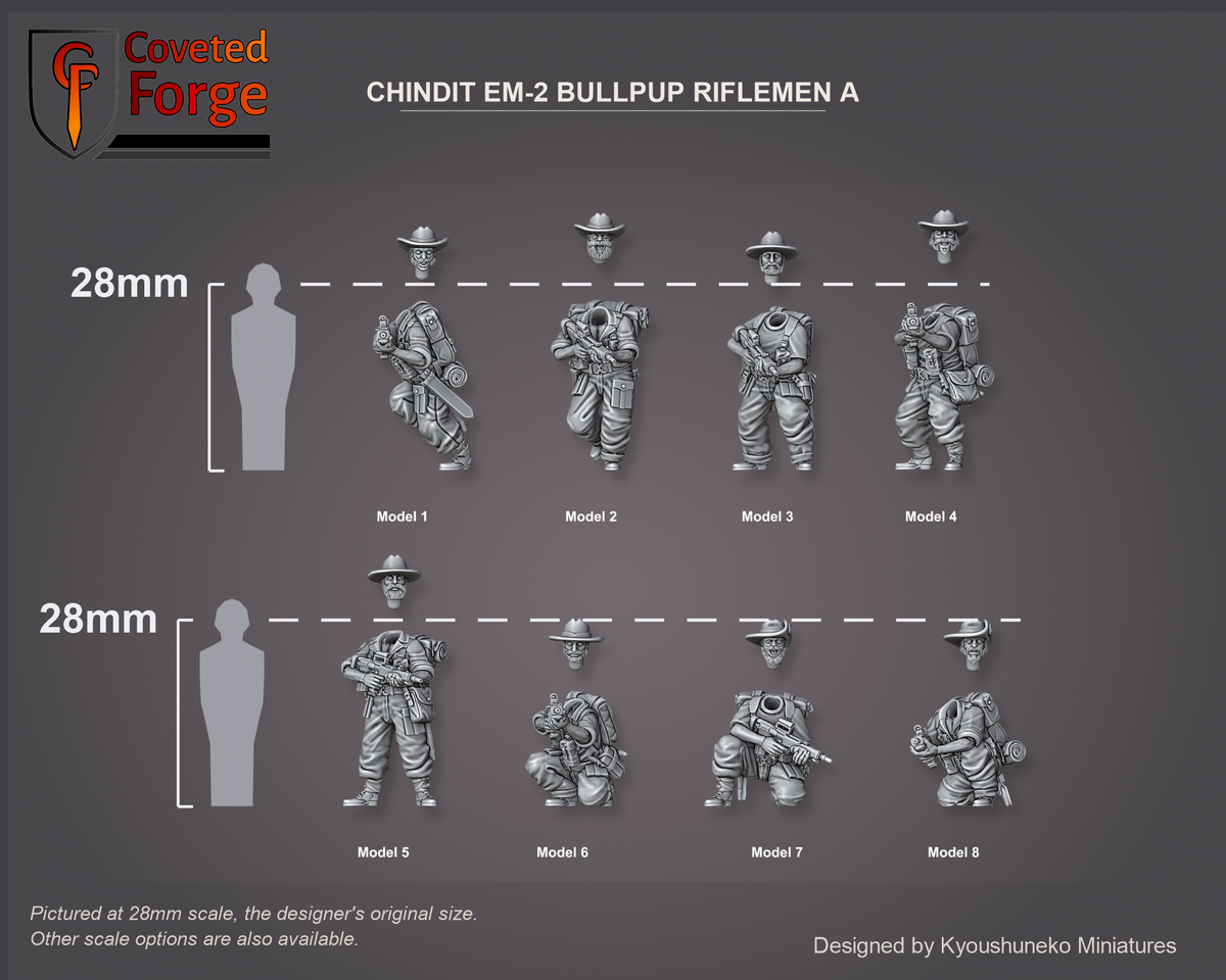 Chindit EM-2 Bullpup Riflemen A: Coveted Forge 28mm scale reference lineup, Model 1-8 labelled in two rows beside a 28mm human silhouette, each separate slouch-hat head shown floating just above its body; also offered from 15mm to 54mm.