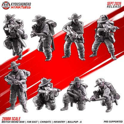 British Weird War Far East Chindit riflemen set A, eight resin miniatures with EM-2 bullpup rifles and slouch hats by Kyoushuneko.