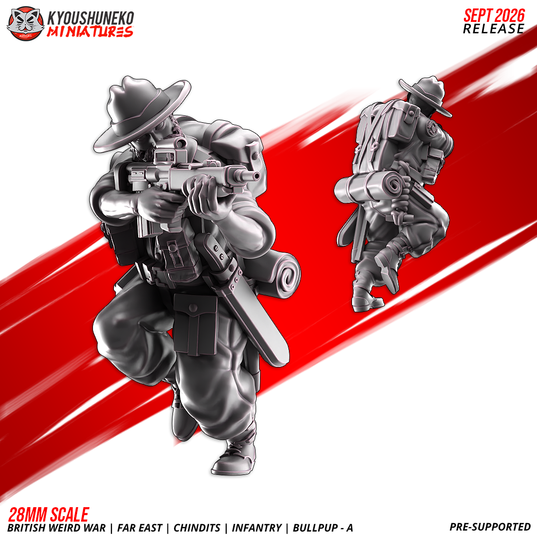 Chindit EM-2 Bullpup Riflemen A, Model 1: the designer's render of this figure (front, with rear view inset), 3D printed resin miniature by Kyoushuneko.