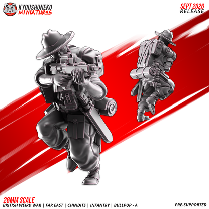 Chindit EM-2 Bullpup Riflemen A, Model 1: the designer's render of this figure (front, with rear view inset), 3D printed resin miniature by Kyoushuneko.