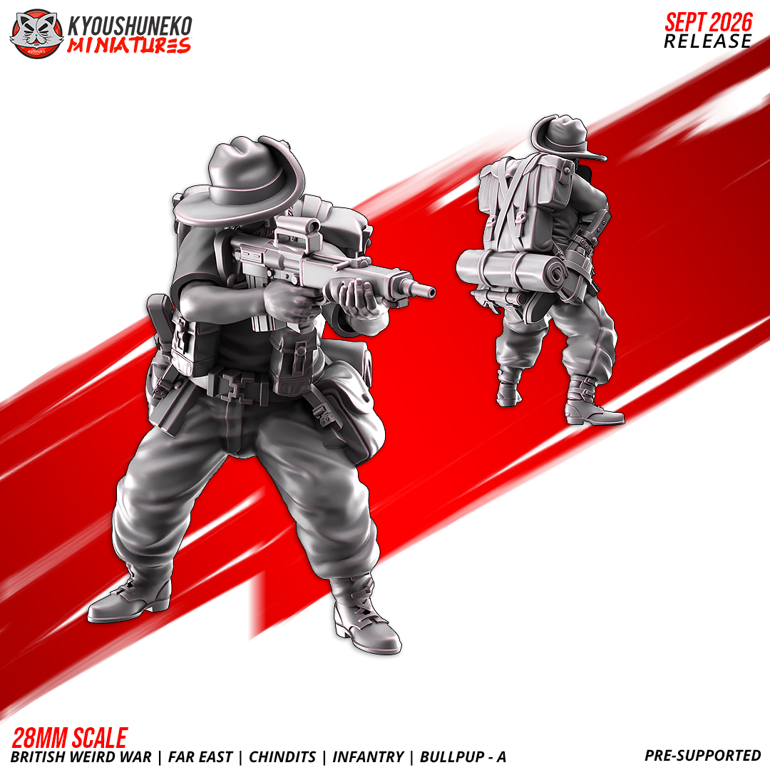 Chindit EM-2 Bullpup Riflemen A, Model 2: the designer's render of this figure (front, with rear view inset), 3D printed resin miniature by Kyoushuneko.