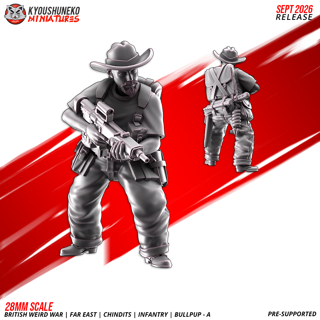 Chindit EM-2 Bullpup Riflemen A, Model 3: the designer's render of this figure (front, with rear view inset), 3D printed resin miniature by Kyoushuneko.