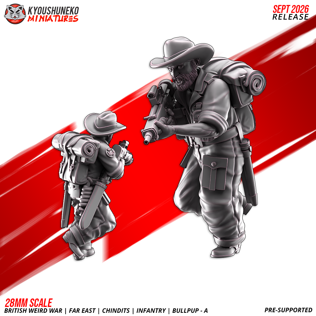 Chindit EM-2 Bullpup Riflemen A, Model 4: the designer's render of this figure (front, with rear view inset), 3D printed resin miniature by Kyoushuneko.