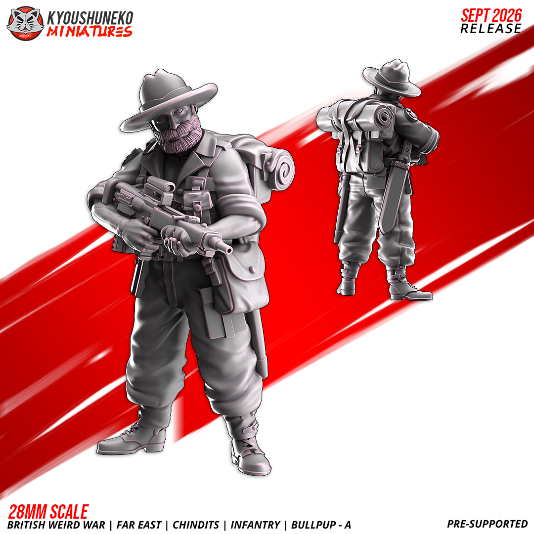 Chindit EM-2 Bullpup Riflemen A, Model 5: the designer's render of this figure (front, with rear view inset), 3D printed resin miniature by Kyoushuneko.