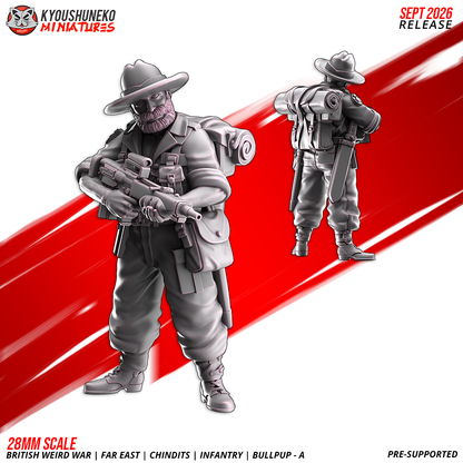 Chindit EM-2 Bullpup Riflemen A, Model 5: the designer's render of this figure (front, with rear view inset), 3D printed resin miniature by Kyoushuneko.