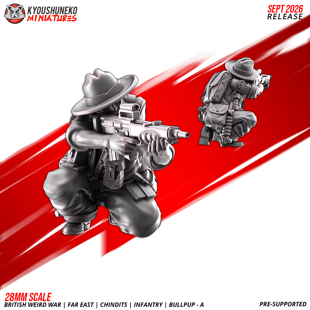Chindit EM-2 Bullpup Riflemen A, Model 6: the designer's render of this figure (front, with rear view inset), 3D printed resin miniature by Kyoushuneko.