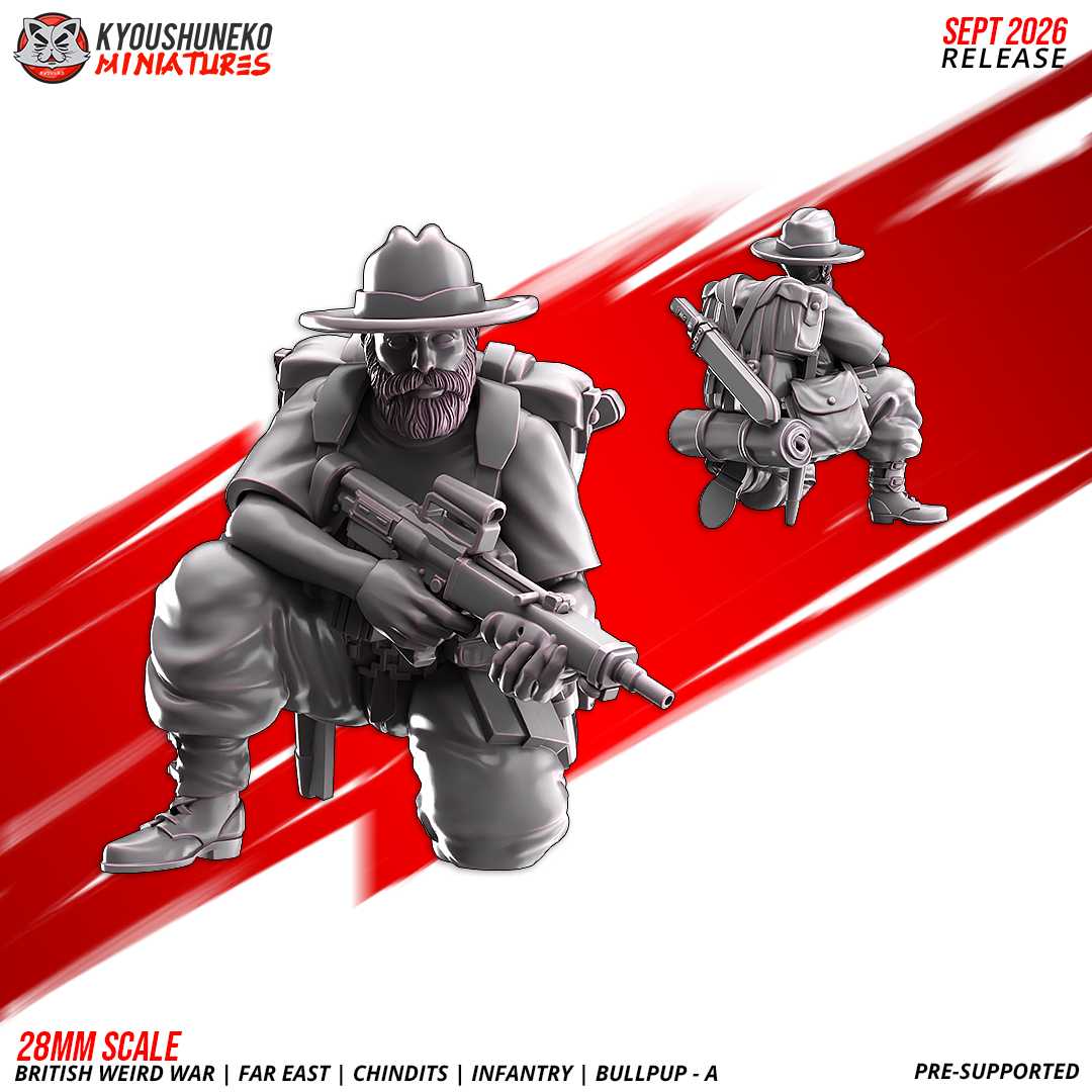 Chindit EM-2 Bullpup Riflemen A, Model 7: the designer's render of this figure (front, with rear view inset), 3D printed resin miniature by Kyoushuneko.