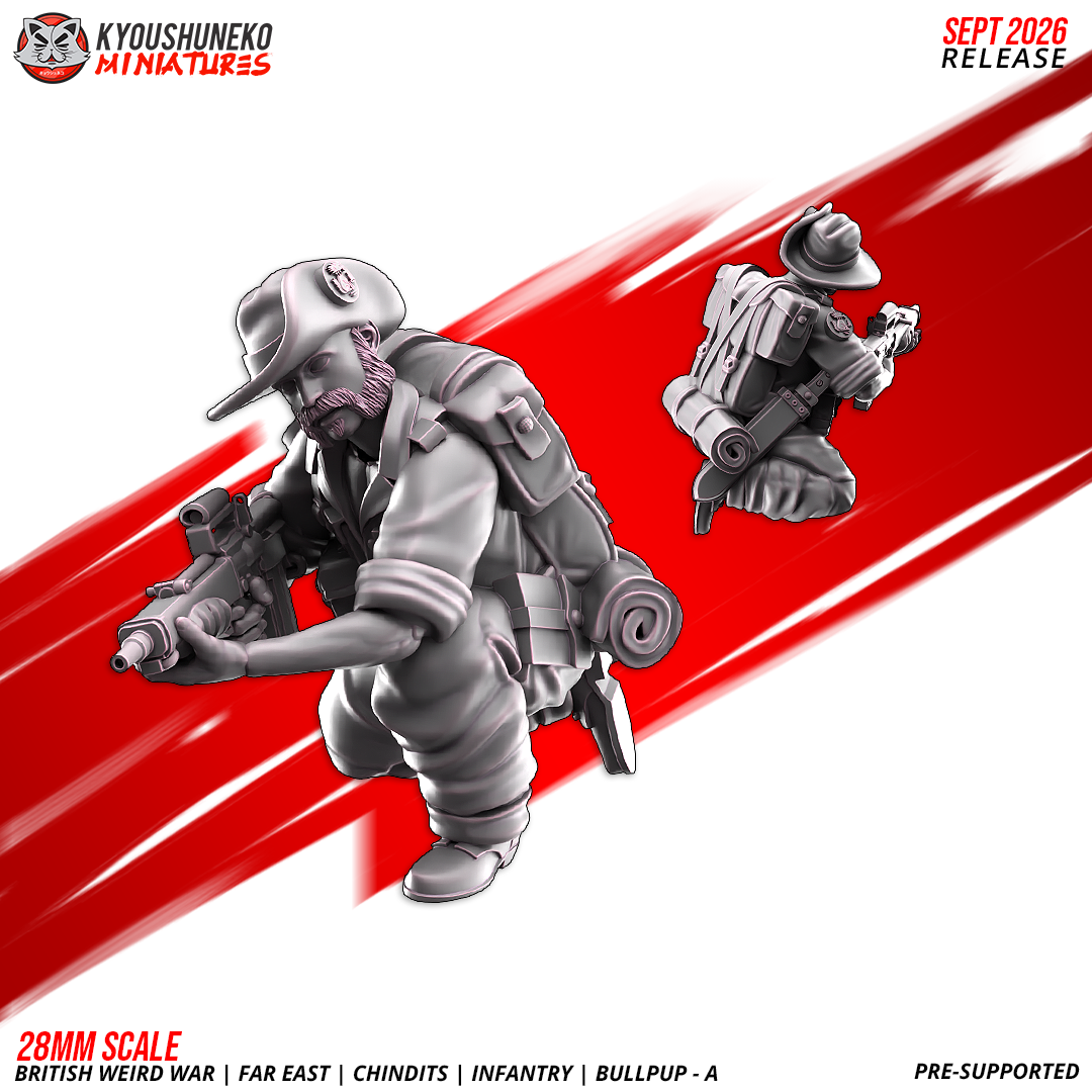 Chindit EM-2 Bullpup Riflemen A, Model 8: the designer's render of this figure (front, with rear view inset), 3D printed resin miniature by Kyoushuneko.