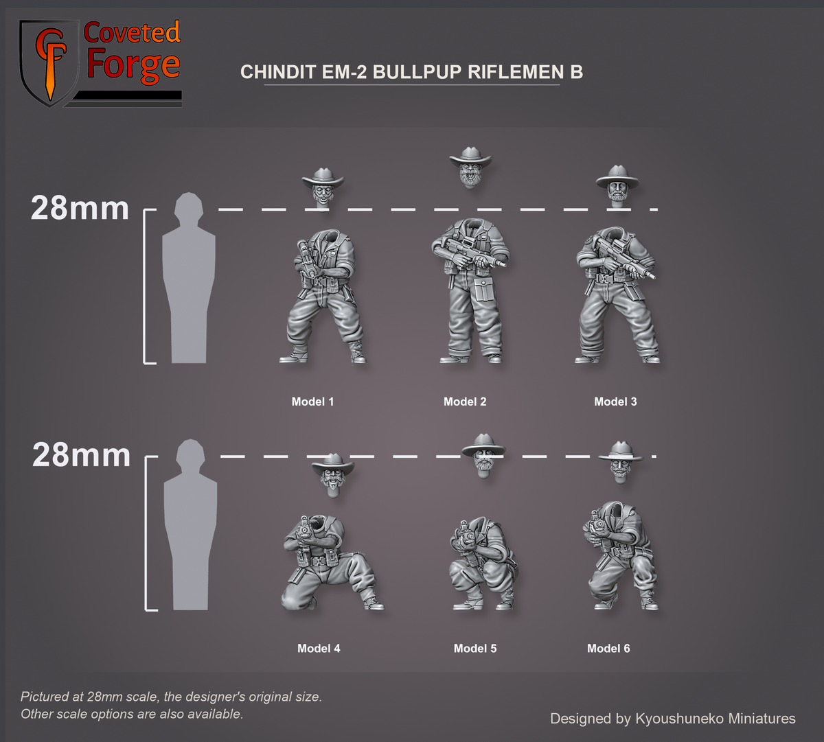 Chindit EM-2 Bullpup Riflemen B: Coveted Forge 28mm scale reference lineup, Model 1-6 labelled beside a 28mm human silhouette, each separate slouch-hat head shown floating just above its body; also offered from 15mm to 54mm.