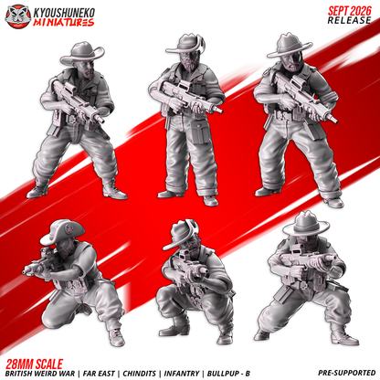 British Weird War Far East Chindit riflemen set B, six resin miniatures with EM-2 bullpup rifles and slouch hats by Kyoushuneko.