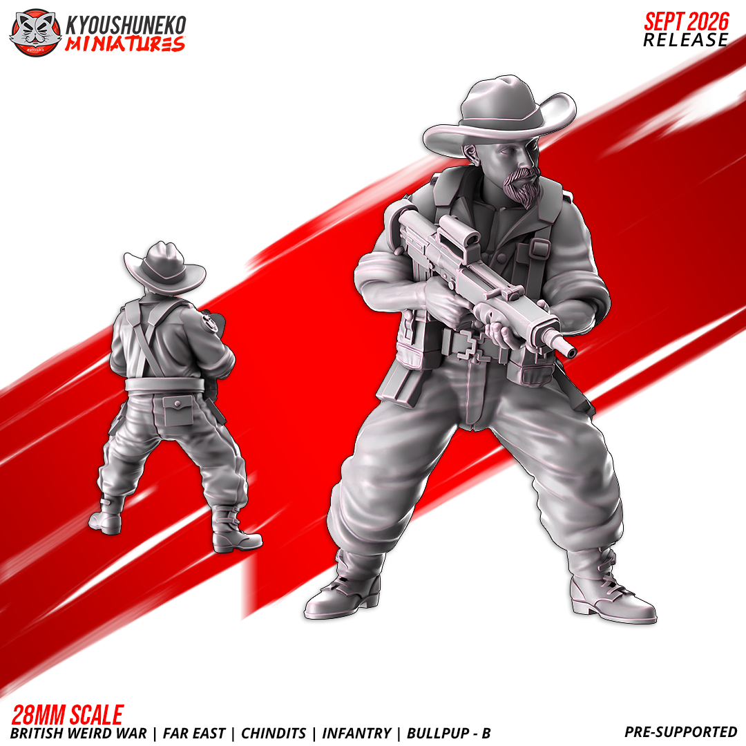 Chindit EM-2 Bullpup Riflemen B, Model 1: the designer's render of this figure (front, with rear view inset), 3D printed resin miniature by Kyoushuneko.