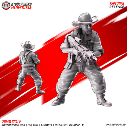 Chindit EM-2 Bullpup Riflemen B, Model 1: the designer's render of this figure (front, with rear view inset), 3D printed resin miniature by Kyoushuneko.
