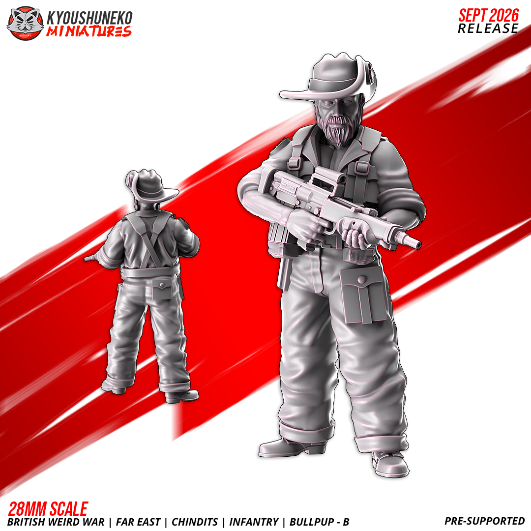 Chindit EM-2 Bullpup Riflemen B, Model 2: the designer's render of this figure (front, with rear view inset), 3D printed resin miniature by Kyoushuneko.