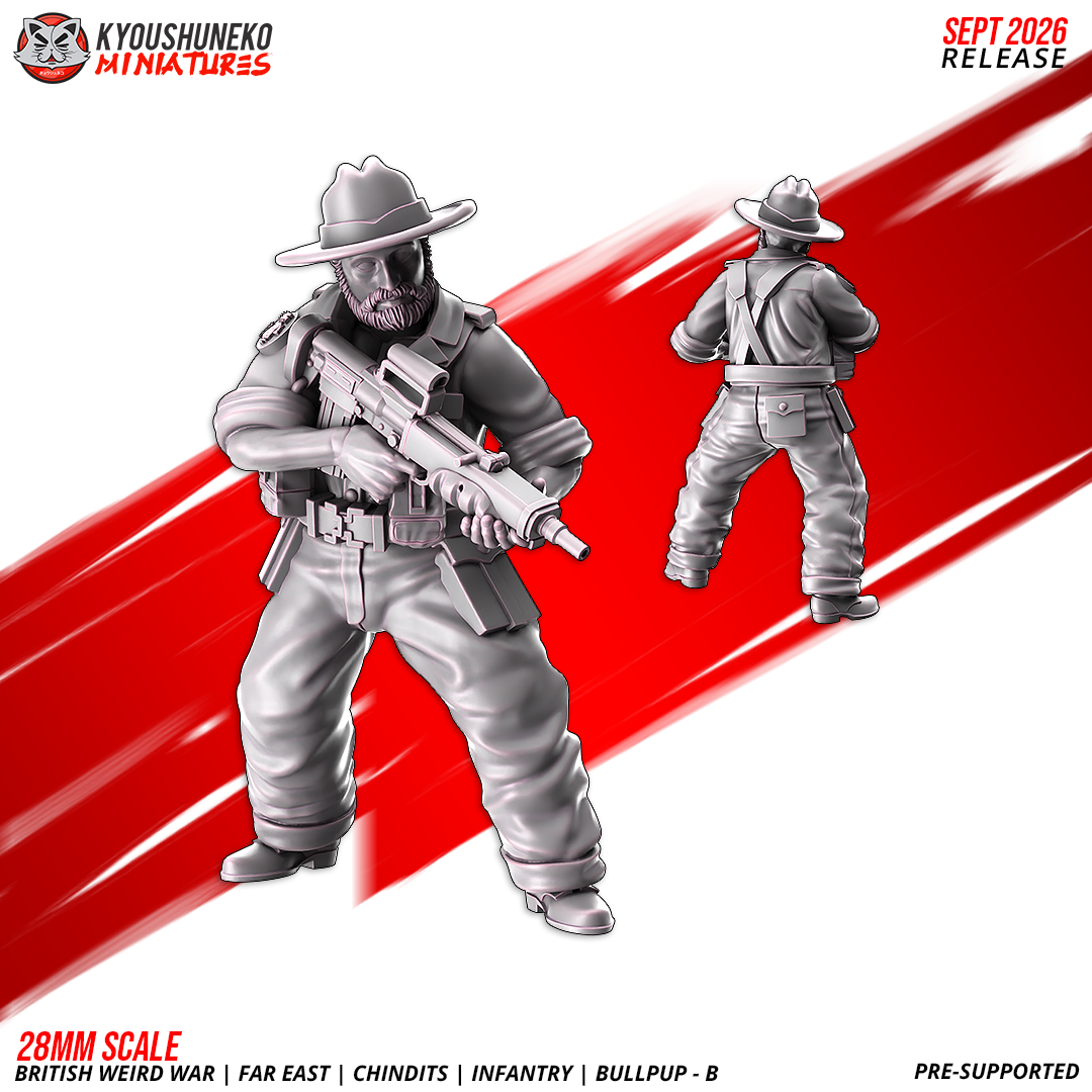 Chindit EM-2 Bullpup Riflemen B, Model 3: the designer's render of this figure (front, with rear view inset), 3D printed resin miniature by Kyoushuneko.