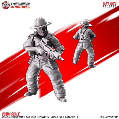 Chindit EM-2 Bullpup Riflemen B, Model 3: the designer's render of this figure (front, with rear view inset), 3D printed resin miniature by Kyoushuneko.
