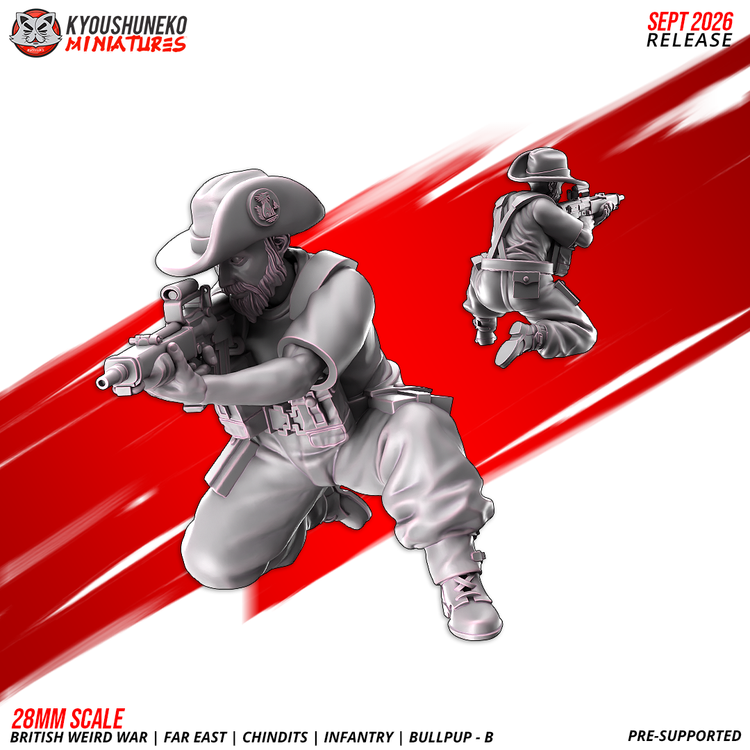 Chindit EM-2 Bullpup Riflemen B, Model 4: the designer's render of this figure (front, with rear view inset), 3D printed resin miniature by Kyoushuneko.
