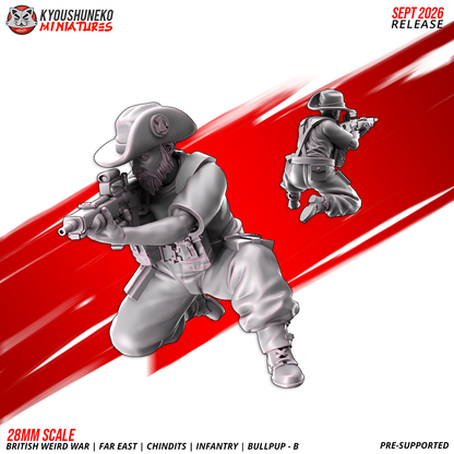 Chindit EM-2 Bullpup Riflemen B, Model 4: the designer's render of this figure (front, with rear view inset), 3D printed resin miniature by Kyoushuneko.