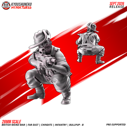 Chindit EM-2 Bullpup Riflemen B, Model 5: the designer's render of this figure (front, with rear view inset), 3D printed resin miniature by Kyoushuneko.