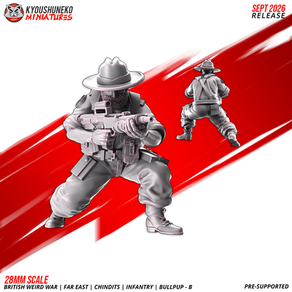 Chindit EM-2 Bullpup Riflemen B, Model 6: the designer's render of this figure (front, with rear view inset), 3D printed resin miniature by Kyoushuneko.
