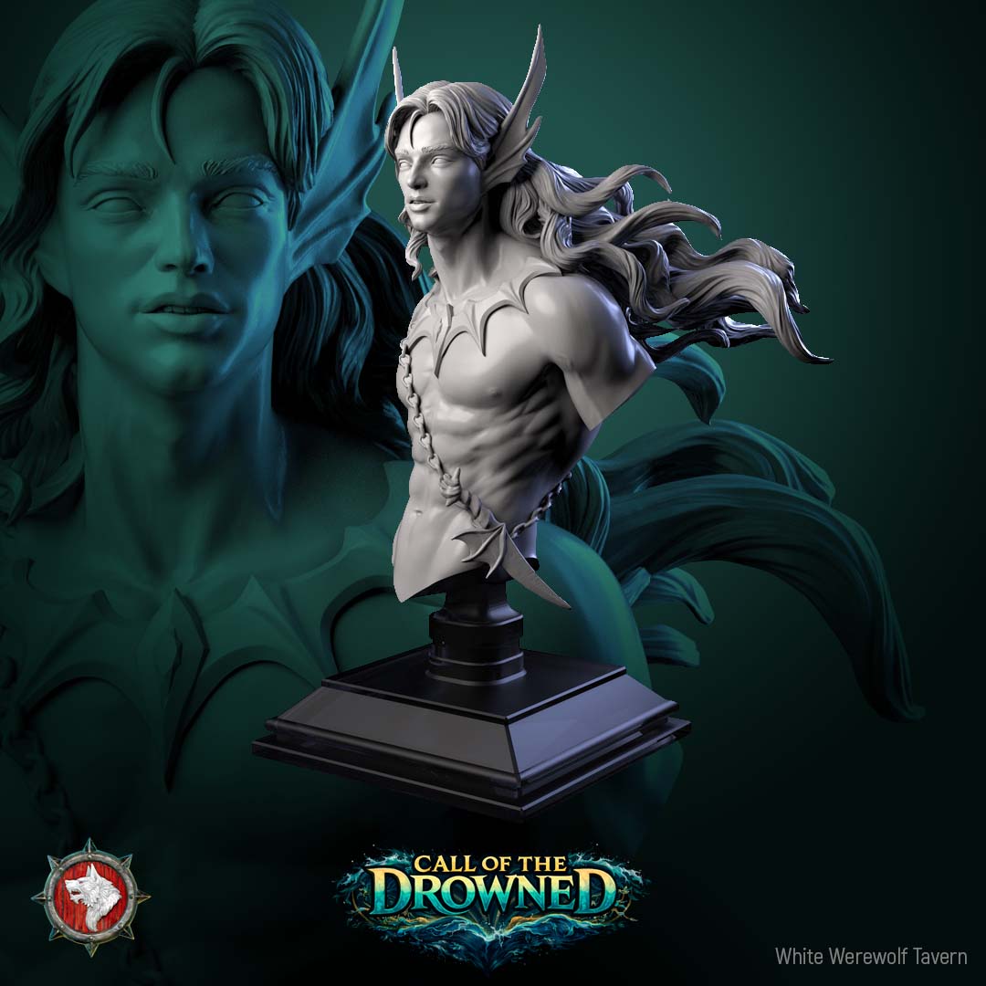 Merman Bust, side view of the crested fin brow and starburst collar