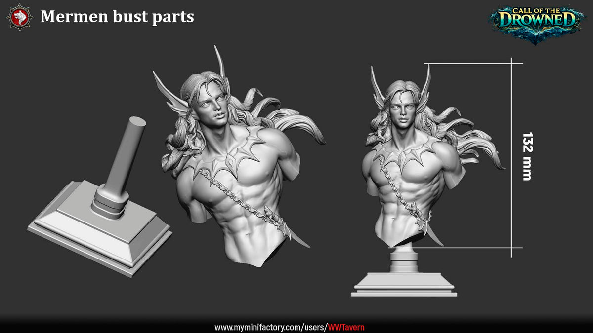 Merman Bust parts: stand, hollowed bust and the assembled bust, 132 mm tall on the stand