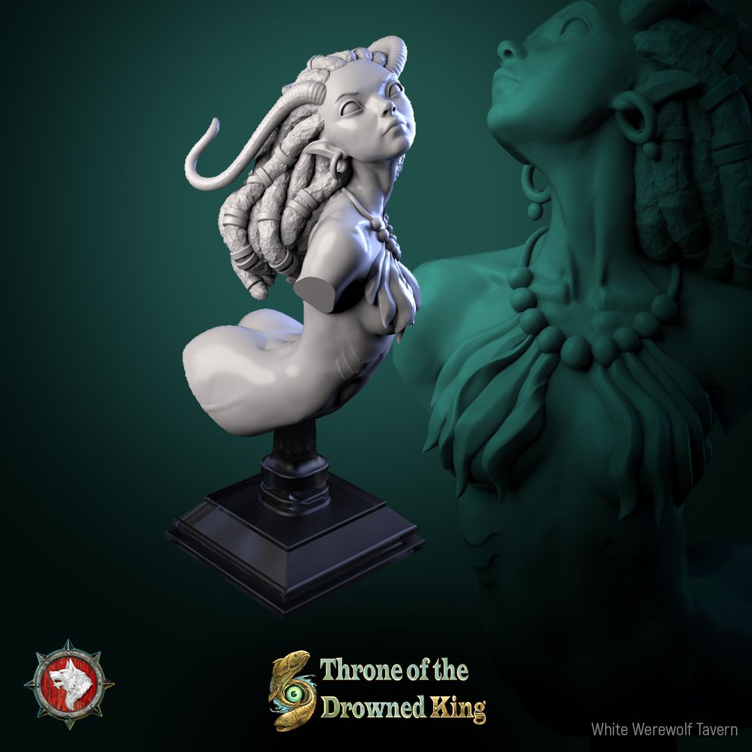 Render of Brackwater Siren Bust | Eel Siren Collector Bust: Dreadlocked horned siren bust with bone-bead necklace, from White Werewolf's Throne of the Drowned King. 3D printed resin collector bust with stand.