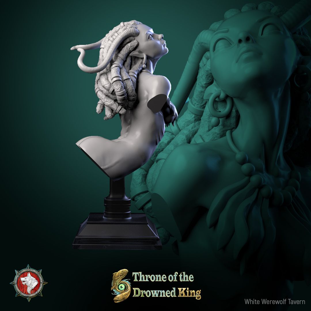 Render of Brackwater Siren Bust | Eel Siren Collector Bust: Dreadlocked horned siren bust with bone-bead necklace, from White Werewolf's Throne of the Drowned King. 3D printed resin collector bust with stand.