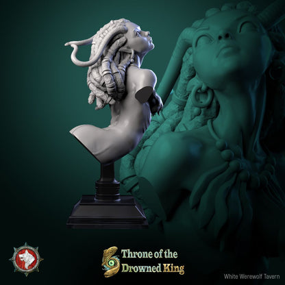 Render of Brackwater Siren Bust | Eel Siren Collector Bust: Dreadlocked horned siren bust with bone-bead necklace, from White Werewolf's Throne of the Drowned King. 3D printed resin collector bust with stand.