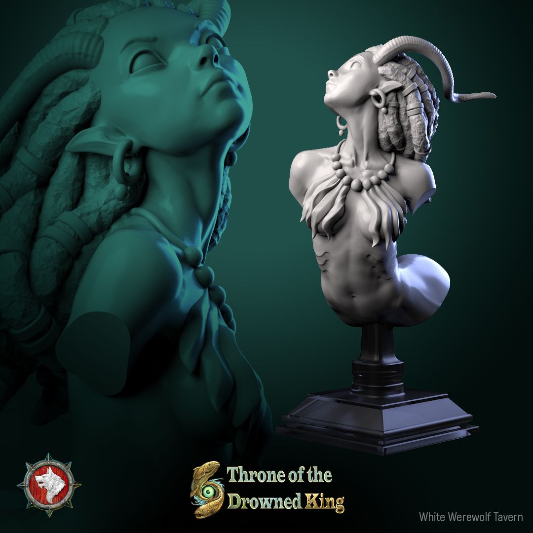 Render of Brackwater Siren Bust | Eel Siren Collector Bust: Dreadlocked horned siren bust with bone-bead necklace, from White Werewolf's Throne of the Drowned King. 3D printed resin collector bust with stand.