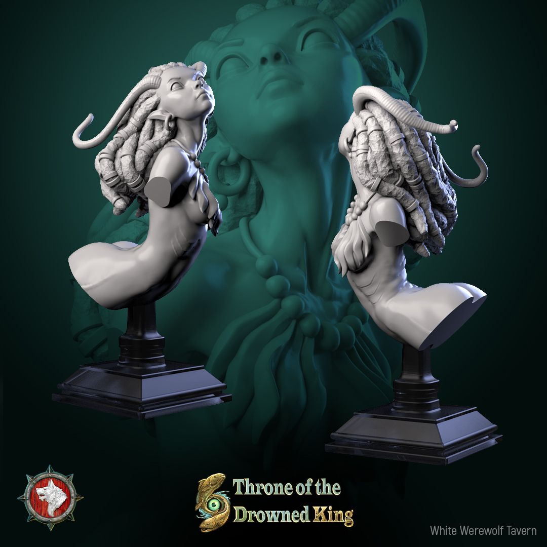 Render of Brackwater Siren Bust | Eel Siren Collector Bust: Dreadlocked horned siren bust with bone-bead necklace, from White Werewolf's Throne of the Drowned King. 3D printed resin collector bust with stand.