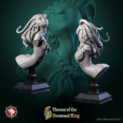 Render of Brackwater Siren Bust | Eel Siren Collector Bust: Dreadlocked horned siren bust with bone-bead necklace, from White Werewolf's Throne of the Drowned King. 3D printed resin collector bust with stand.