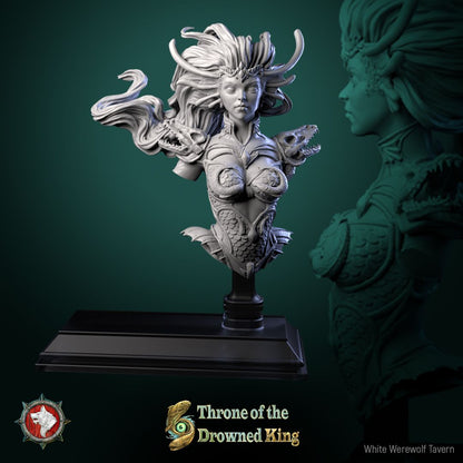 Render of Morwenna Bust | Swamp Maiden Collector Bust: Wild-haired swamp maiden bust with scaled bodice and shoulder fins, from White Werewolf's Throne of the Drowned King. 3D printed resin bust.