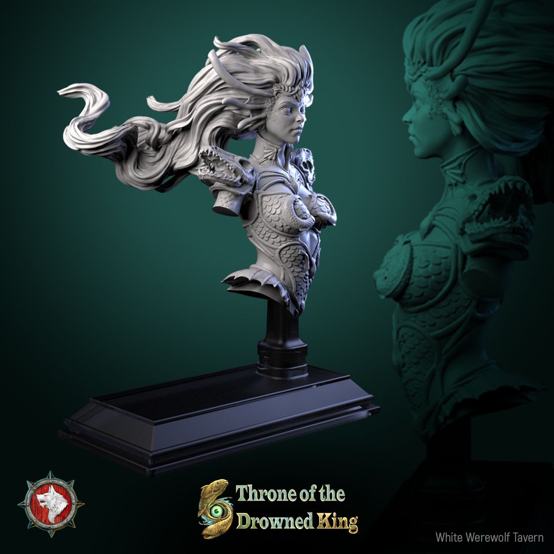 Render of Morwenna Bust | Swamp Maiden Collector Bust: Wild-haired swamp maiden bust with scaled bodice and shoulder fins, from White Werewolf's Throne of the Drowned King. 3D printed resin bust.