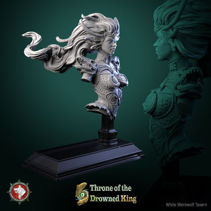 Render of Morwenna Bust | Swamp Maiden Collector Bust: Wild-haired swamp maiden bust with scaled bodice and shoulder fins, from White Werewolf's Throne of the Drowned King. 3D printed resin bust.