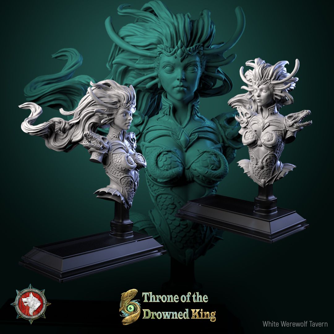 Render of Morwenna Bust | Swamp Maiden Collector Bust: Wild-haired swamp maiden bust with scaled bodice and shoulder fins, from White Werewolf's Throne of the Drowned King. 3D printed resin bust.
