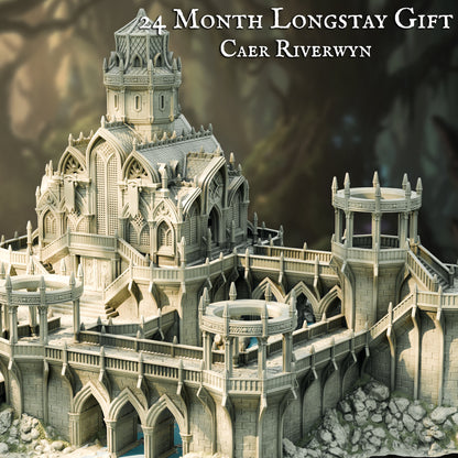 Caer Riverwyn Elven Palace fey elf terrain, walled compound with gatehouse, rotunda towers and a domed great hall, 3D printed at 30mm by The Printing Goes Ever On