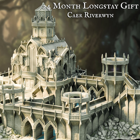 Caer Riverwyn Elven Palace fey elf terrain, walled compound with gatehouse, rotunda towers and a domed great hall, 3D printed at 30mm by The Printing Goes Ever On