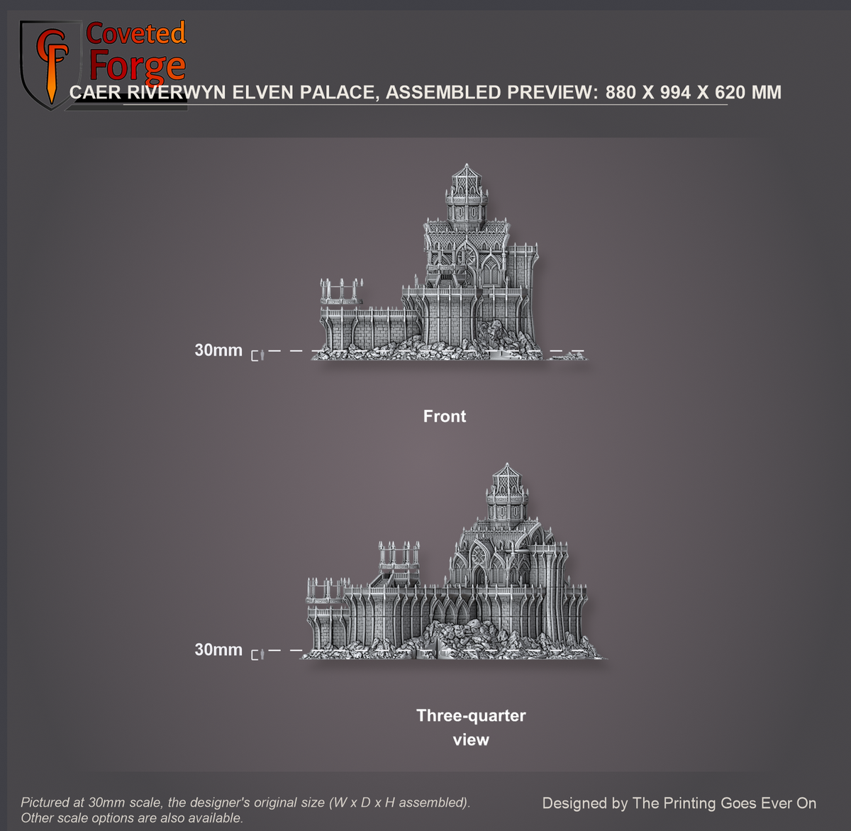 Coveted Forge scale reference: Caer Riverwyn Elven Palace exterior assembled from the designer's placed parts, front and three-quarter views, 880 x 994 x 620 mm at 30mm the original scale, beside a 30mm human silhouette