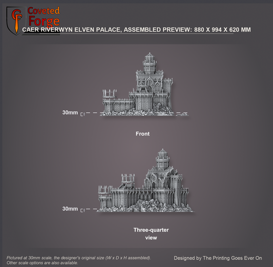Coveted Forge scale reference: Caer Riverwyn Elven Palace exterior assembled from the designer's placed parts, front and three-quarter views, 880 x 994 x 620 mm at 30mm the original scale, beside a 30mm human silhouette