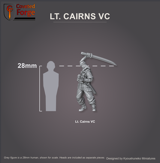 Coveted Forge scale reference: Lt. Cairns VC body beside a 28mm human silhouette, head included as a separate piece
