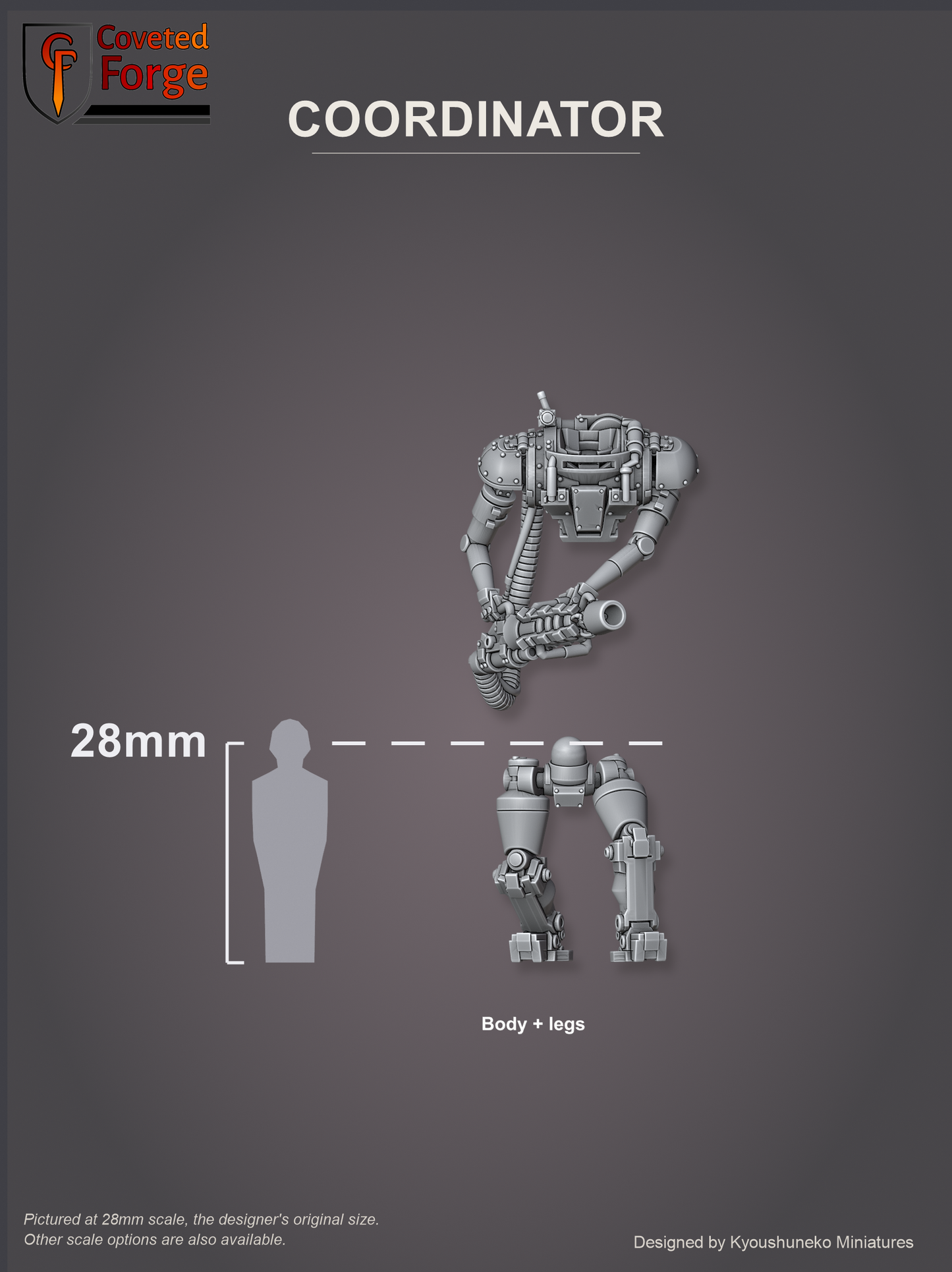Coveted Forge scale reference: Coordinator command automaton body and legs beside a 28mm human silhouette with a 28mm reference line.