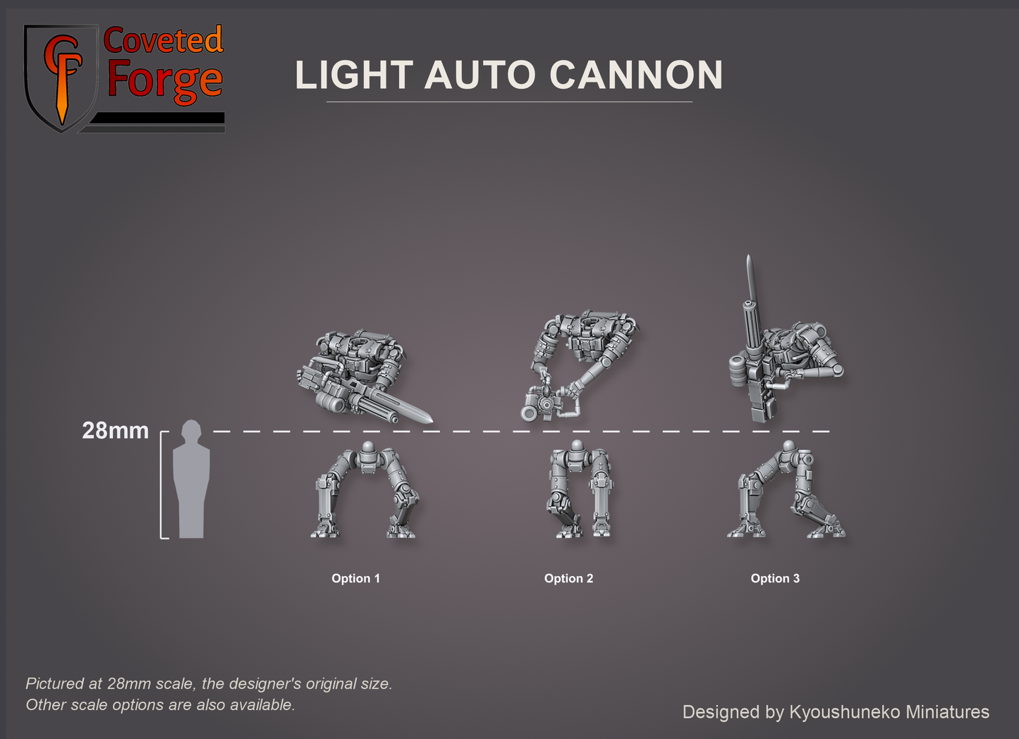 Coveted Forge scale reference: Light Auto Cannon body and leg options beside a 28mm human silhouette with a 28mm reference line.