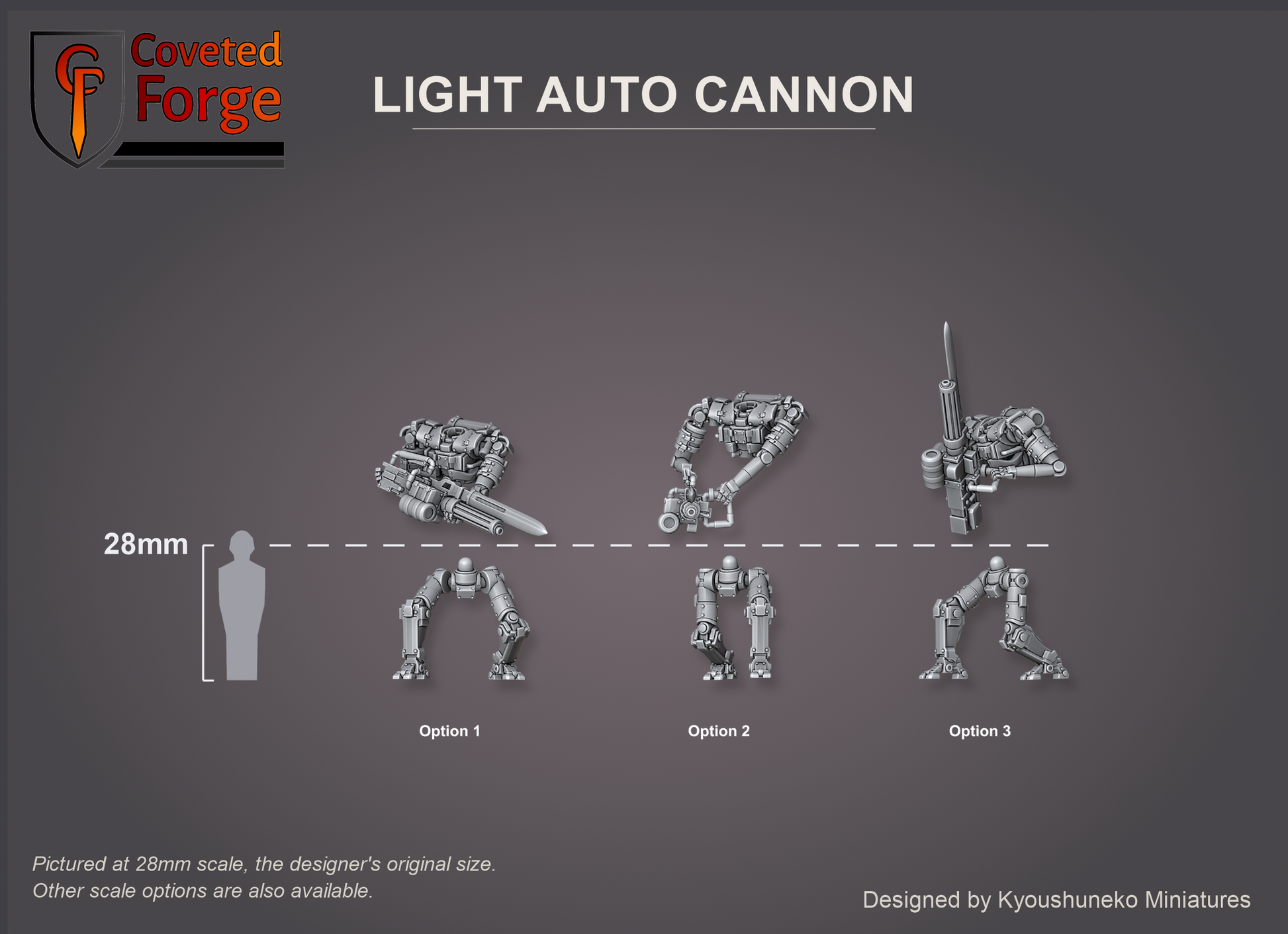 Coveted Forge scale reference: Light Auto Cannon body and leg options beside a 28mm human silhouette with a 28mm reference line.