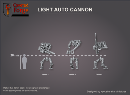 Coveted Forge scale reference: Light Auto Cannon body and leg options beside a 28mm human silhouette with a 28mm reference line.