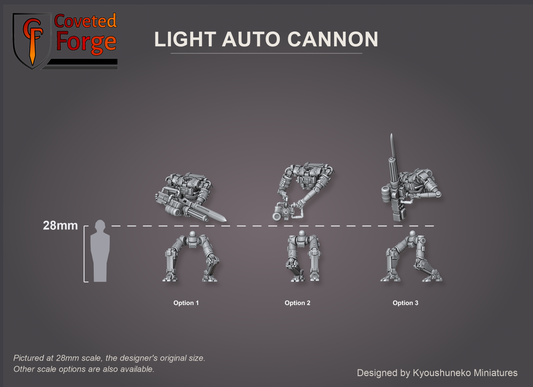 Coveted Forge scale reference: Light Auto Cannon body and leg options beside a 28mm human silhouette with a 28mm reference line.