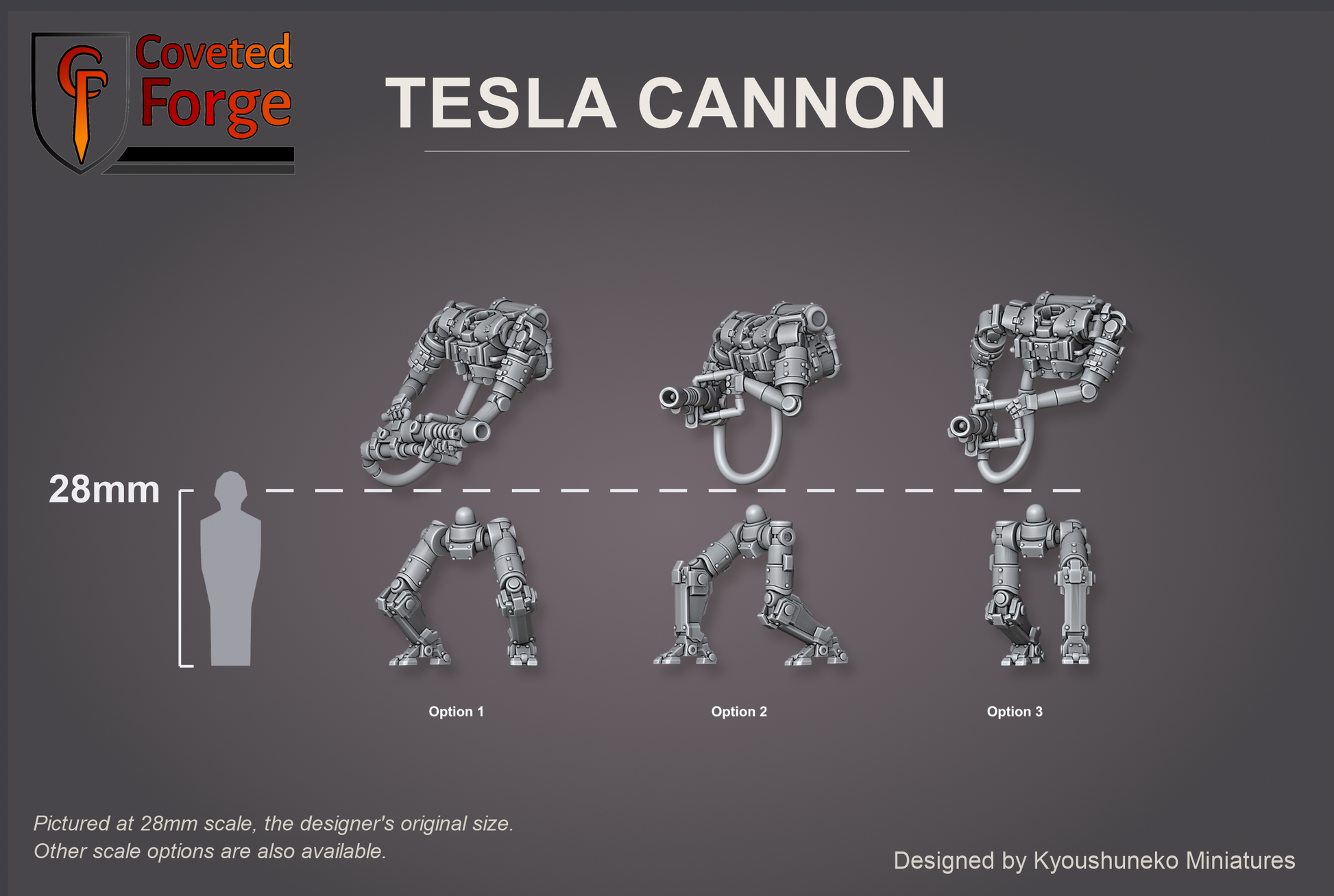 Coveted Forge scale reference: Tesla Cannon body and leg options beside a 28mm human silhouette with a 28mm reference line.